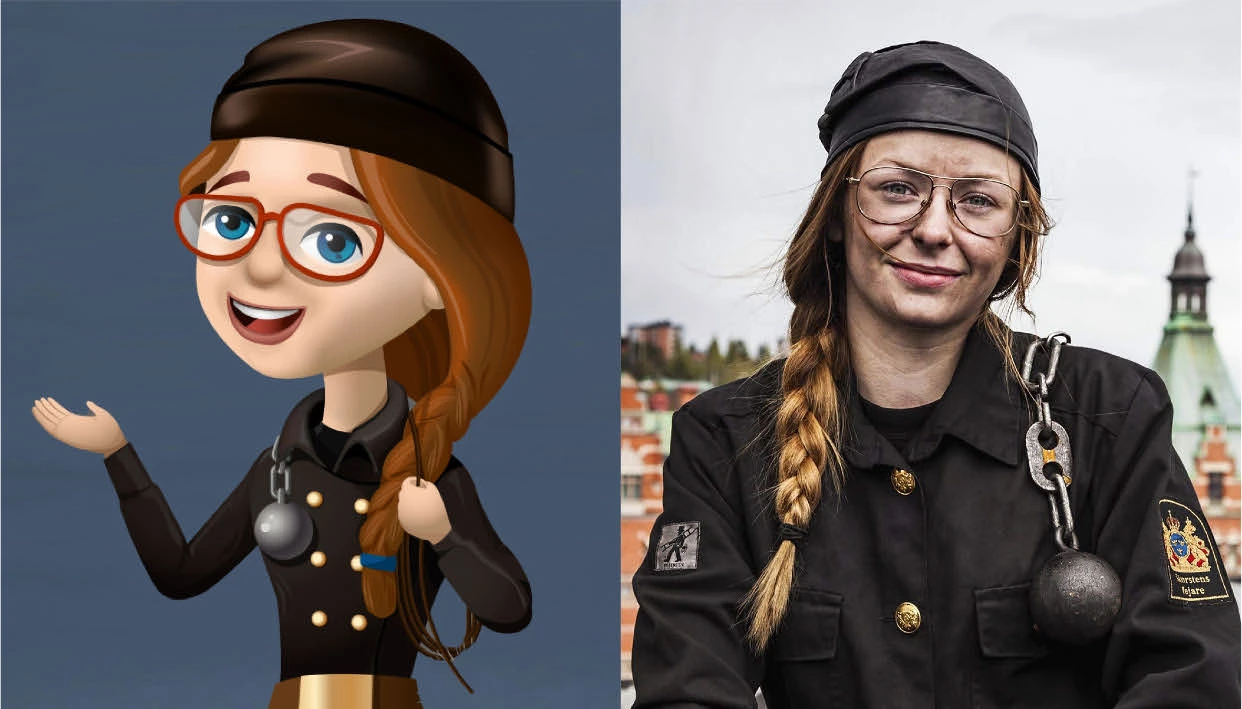 Emelie Sundberg tillsammans med den illustrerade figuren SuperSotaren Emelie
